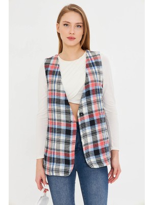 Armonika Kadın Bebe Mavi V Yaka Tek Düğmeli Oversize Ekoseli Yelek ARM-25K001111