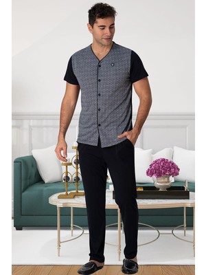 Mecit Pijama Mecit 2792 Gri Büyük Beden Boydan Düğmeli Erkek Pijama Takımı