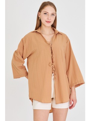 Armonika Kadın Camel Gömlek Yakalı Önden Bağcıklı Kimono Gömlek ARM-25K001006