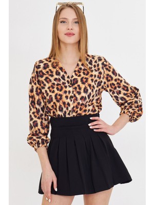 Armonika Kadın Kahve Kolları Lastikli Desenli Gömlek ARM-25Y001014