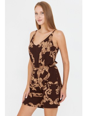 Armonika Kadın Kahve-Bej Askılı Beli Lastikli Cepli Kısa Tulum ARM-25Y001100