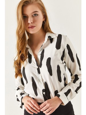 Armonika Kadın Siyah Fırça Desenli Uzun Kol Gömlek ARM-22Y001016 Pamuk Polyester Rahat Kesim