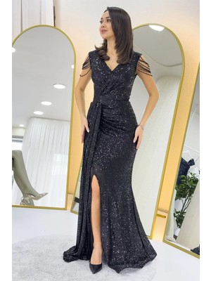 Zks Grup Tekstil- Kadın Kruvaze Yaka Omuz Detay Pul Payet Büyük Beden Abiye Elbise Bordo, Pudra, Mor, Lila, Siyah, Haki, Lacivert