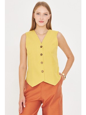 Armonika Kadın Yağ Yeşili V Yaka Vücuda Oturan Keten Görünümlü Astarlı Yelek ARM-24Y001111