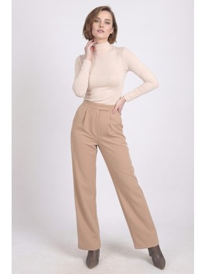 Armonika Kadın Bej Likralı Pileli Cırt Kapama Palazzo Pantolon ARM-26K001059
