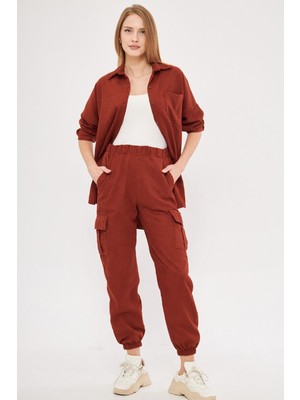 Armonika Kadın Kiremit Kadife Beli ve Paçası Lastikli Ince Fitilli Kargo Pantolon ARM-25K001035