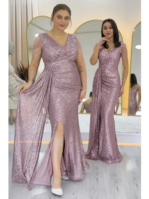 Zks Grup Tekstil- Kadın Kruvaze Yaka Omuz Detay Pul Payet Büyük Beden Abiye Elbise Bordo, Pudra, Mor, Lila, Siyah, Haki, Lacivert