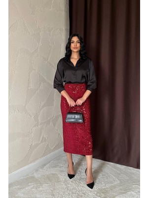 Başak Collection Bordo Pulpayetli Parlak Etek