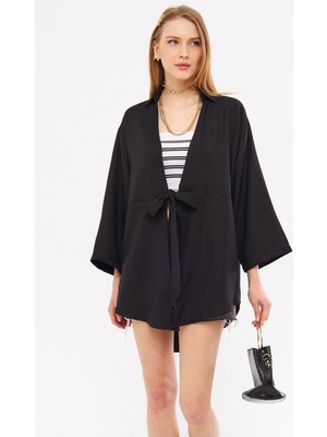Armonika Kadın Siyah Keten Görünümlü Kimono Gömlek Önden Bağlamalı Regular Kalıp Pamuk Polyester