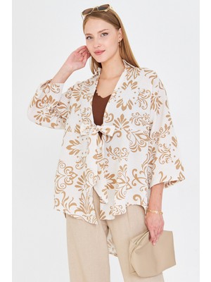 Armonika Kadın Koyu Vizon Desenli Keten Görünümlü Önden Bağlamalı Kimono Gömlek ARM-24Y001079