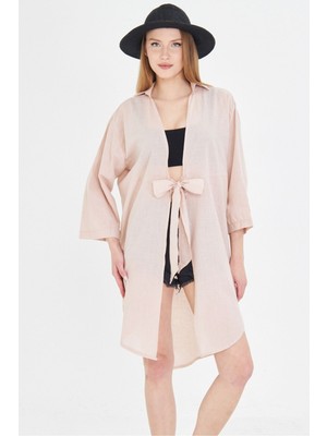 Armonika Kadın Bej Önden Bağlamalı Ince Keten Kumaş Midi Boy Kimono Gömlek ARM-24Y001081