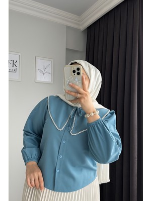 RFK Butik Kadın Bebe Yaka Incili Etek Üstü Tasarım Gömlek - Bondi Mavi
