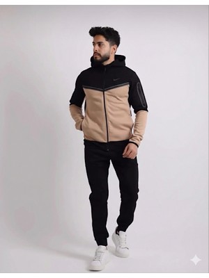 Atkgiyim Tech Fleece  Erkek Renk Bloklu Su Geçirmez Fermuar Detaylı Kapüşonlu Eşofman Takımı