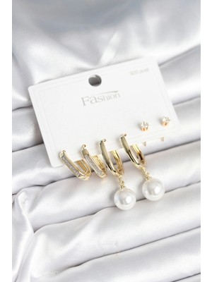 LTG Nova Pirinç Gold Renk Inci Detaylı 925 Ayar Gümüş Çivili Kadın Küpe Seti