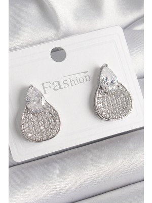 Pazarcan Pirinç Gümüş Renk Zirkon Taşlı Damla Model Kadın Küpe