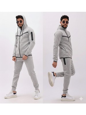 Atkgiyim Tech Fleece  Erkek Renk Bloklu Su Geçirmez Fermuar Detaylı Kapüşonlu Eşofman Takımı