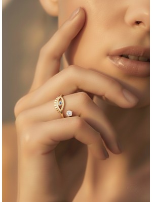 Eva Takı Store Ayarlanabilir Nazar Model Zirkon Taşlı Gold Renk Çelik Yüzük