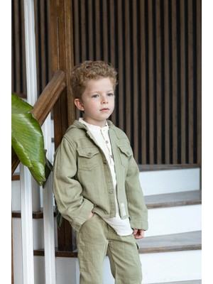 Cocosiss Yeşil Çift Kat Müslin Ceket&gömlek ve Paçası Lastikli Pantolon Erkek Çocuk 3'lü Bayramlık Takım