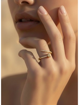 Eva Takı Store Ayarlanabilir Çivi Model Zirkon Taşlı Gold Renk Çelik Yüzük