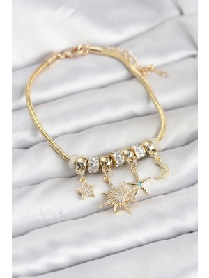 Pazarcan Pirinç Gold Renk Güneş Tema Charmlı Kadın Bileklik
