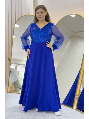 Zks Grup Tekstil-Kadın Transparan Kol Pul Payet Büyük Beden Abiye Elbise Lacivert, Saks, Yeşil, Siyah