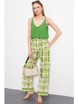 Armonika Kadın Fıstık Yeşili Keten Görünümlü Desenli Cepli Palazzo Pantolon ARM-24Y001069