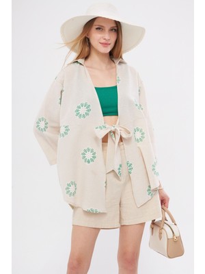 Armonika Kadın Açık Yeşil Desenli Keten Görünümlü Önden Bağlamalı Kimono Gömlek ARM-24Y001079
