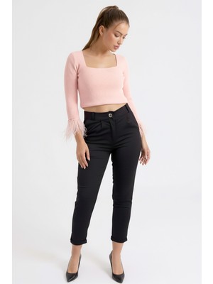 Armonika Kadın Siyah Beli Lastikli Paçası Katlamalı Pantolon ARM-26K136042