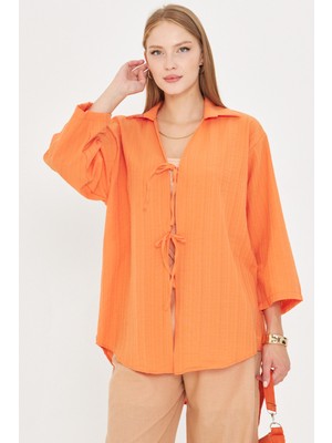 Armonika Kadın Turuncu Gömlek Yakalı Önden Bağcıklı Kimono Gömlek ARM-25K001006