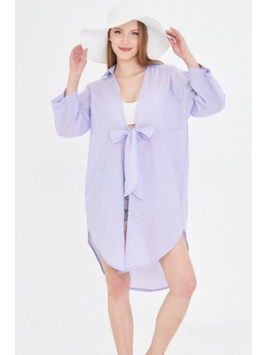 Armonika Kadın Lila Önden Bağlamalı Ince Keten Kumaş Midi Boy Kimono Gömlek ARM-24Y001081
