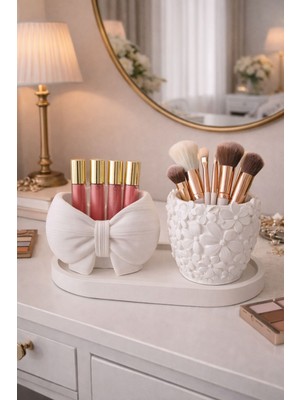 Liza Home Decoration Masaüstü Düzenleyici Dekoratif Set Çiçek-Fiyonk Detaylı Kalemlik Ofis, ve Makyaj Masası Organizer