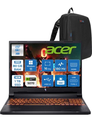 Acer Nitro V16 Aı Intel Core™ 7 240H 80GB Ddr5 1tb SSD RTX5070/8GB 95W Wuxga (1920X1200) IPS 180Hz WIN11PRO Taşınabilir Gaming Bilgisayar NHQZREY002P28+ZETTAÇANTA