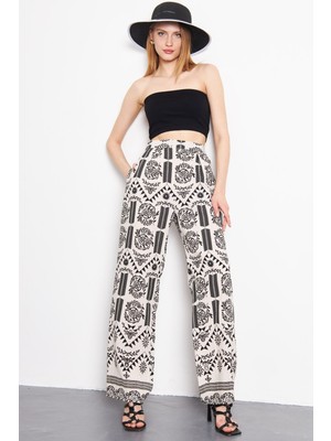 Armonika Kadın Siyah-Gri Keten Görünümlü Desenli Cepli Palazzo Pantolon ARM-24Y001069