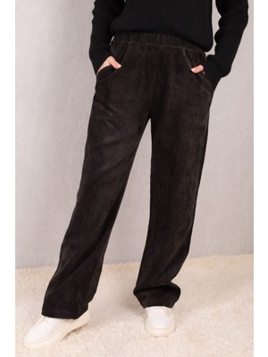 Armonika Kadın Siyah Beli Lastikli Cepli Bol Paça Kadife Pantolon ARM-24K001060