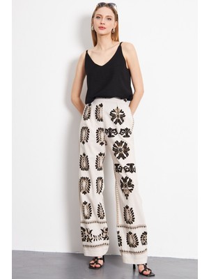 Armonika Kadın Siyah-Kahve Keten Görünümlü Desenli Cepli Palazzo Pantolon ARM-24Y001069