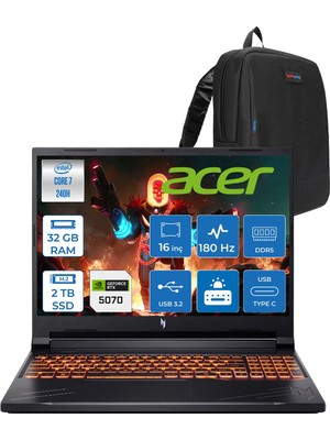 Acer Nitro V16 Aı Intel Core™ 7 240H 32GB Ddr5 2tb SSD RTX5070/8GB 95W Wuxga (1920X1200) IPS 180Hz Freedos Taşınabilir Gaming Bilgisayar NHQZREY002F14+ZETTAÇANTA