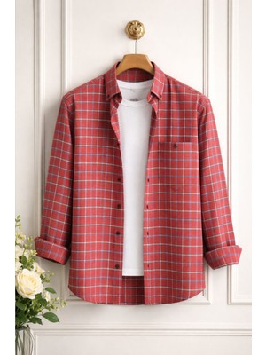 Varetta Erkek Kardinal Kırmızı Kışlık Gömlek Cepli Geniş Kesim Kareli