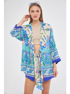 Armonika Kadın Saks Desenli Önden Bağlamalı Kimono Gömlek ARM-24Y001080