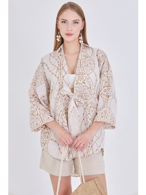 Armonika Kadın Krem Desenli Keten Görünümlü Önden Bağlamalı Kimono Gömlek ARM-24Y001079
