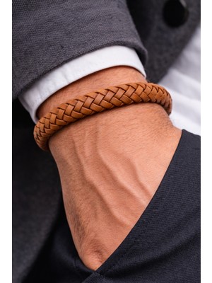 Herşey Nota Taba Herringbone – Balık Sırtı Örgülü Hakiki Deri Erkek BILEKLIK-50-680