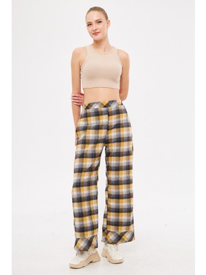 Armonika Kadın Sarı Arka Beli Lastikli Paçası Detaylı Cepli Palazzo Pantolon ARM-25K001018