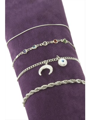 Esranın Dünyası 4 Adet Hilal Nazar Taşlı Zincir Bileklik