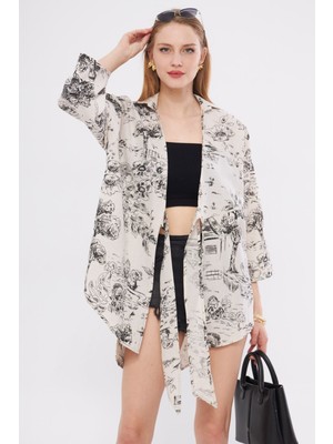 Armonika Kadın Siyah-Ekru Desenli Keten Görünümlü Önden Bağlamalı Kimono Gömlek ARM-24Y001079