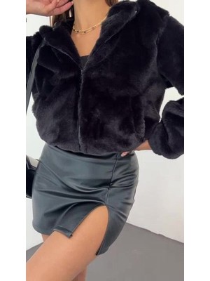 Ergün Dame Kadın Tavşan Peluş Kürklü Fermuarlı Astarlı Mont