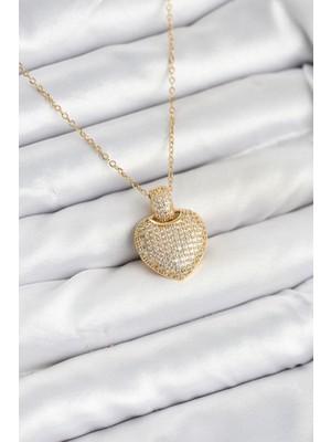 Pazarcan 316L Çelik Zincir Gold Renk Zirkon Taşlı Kalpli Kadın Kolye
