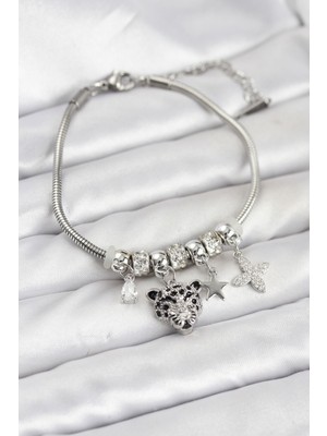 Pazarcan Pirinç Gümüş Renk Kaplan Model Charmlı Kadın Bileklik