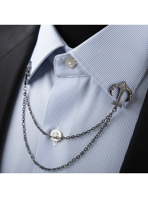 Siyah Çapa Desenli Zincirli Gömlek & Ceket & Damatlık & Yaka Iğnesi