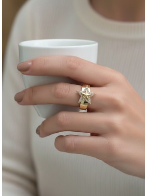 Eva Takı Store Ayarlanabilir Yıldız Model Zirkon Taşlı Gold Renk Çelik Yüzük