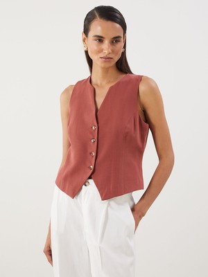 Lc Waikiki Yeni Sezon Kaçık Yaka Keten Karışımlı Kadın Klasik Yelek