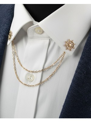 Gold Renk Dümen Zincirli Gömlek & Ceket & Damatlık & Yaka Iğnesi